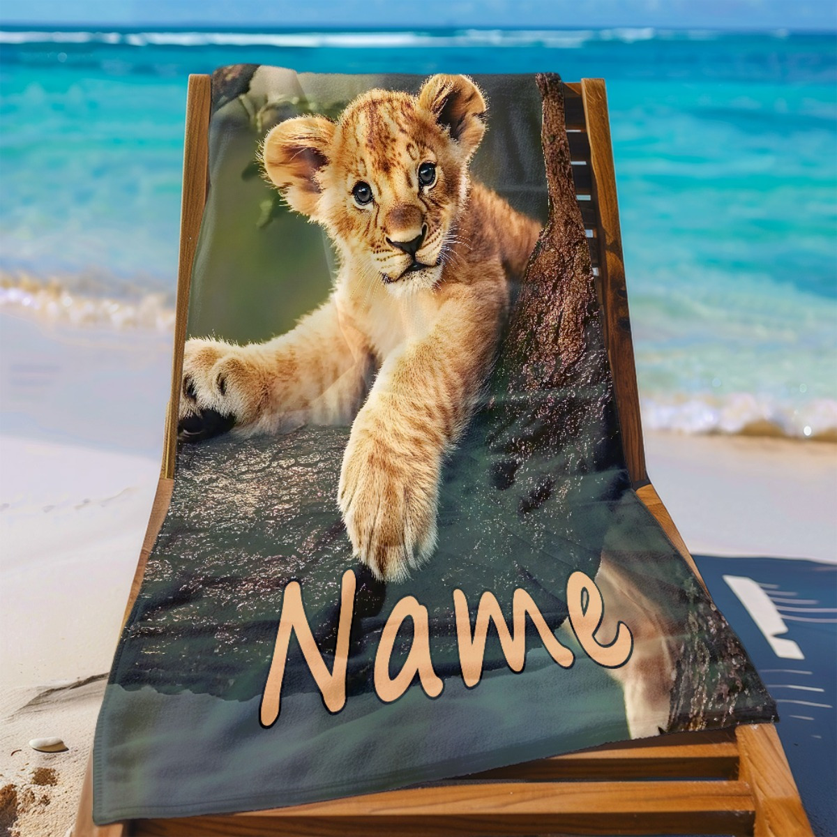 TEMU 1 Serviette de Plage Personnalisée Lionceau - Nom/ Personnalisé, Microfibre Ultra-Absorbante Séchage Rapide avec Design Lion sur Branche,