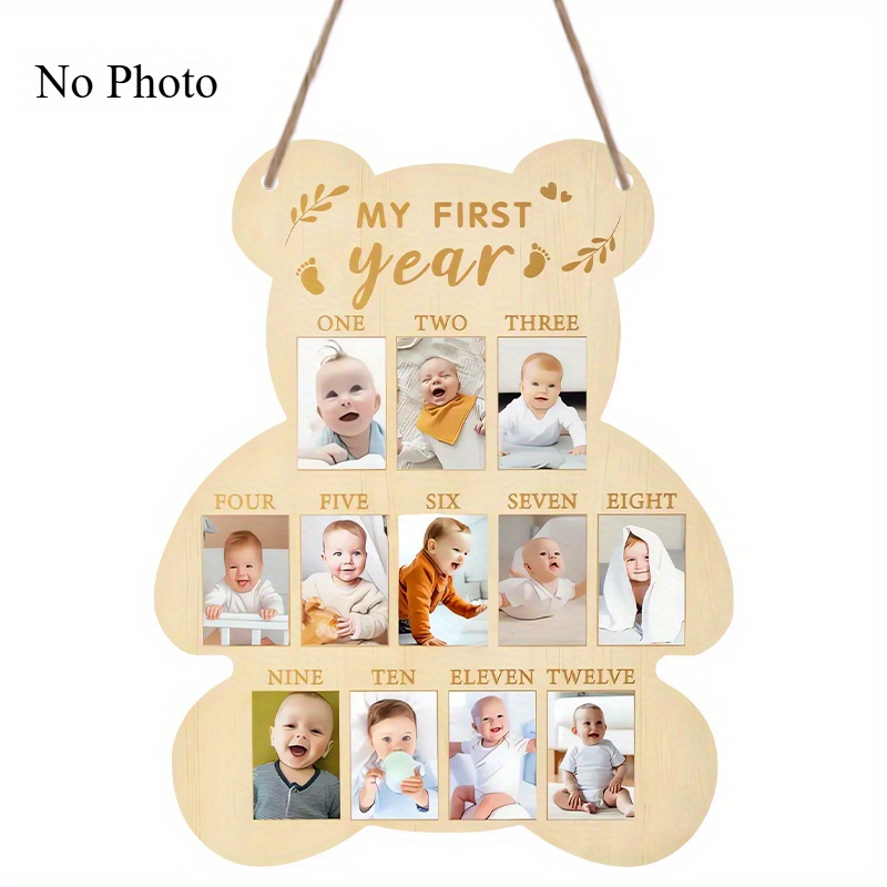 Image of 1pc Year Wooden Milestone Photo Display, Growth Photo Display, Bear-shaped Keepsake Board For Year, Ideal Gift For New Parents, Birthday Party Memorabilia