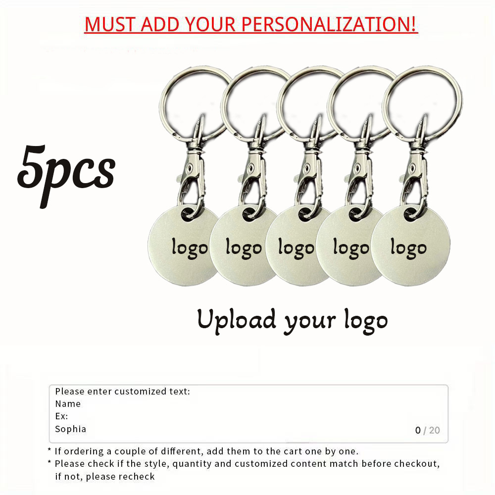 TEMU 5pcs Silvery Stainless Steel Token Keychains, Supermarket Shopping Cart Anti-loss Tokens, Personalized Laser-engraved Logo Metal Shopping Coin
