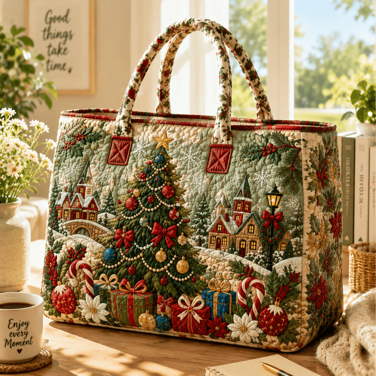 TEMU Women's Christmas Quilted Tote Bag, Gift Print, Large Capacity Lightweight Handbag, Soft Shoulder Bag For Shopping, Work, Travel And Xmas Gifts