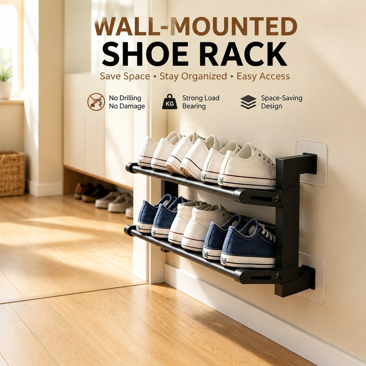 TEMU Heavy-duty Foldable Wall-mounted Shoe Rack With Adhesive Plates - No-drill Installation, 2-tier Carbon Shelf Suitable For Home Entryway, Space-
