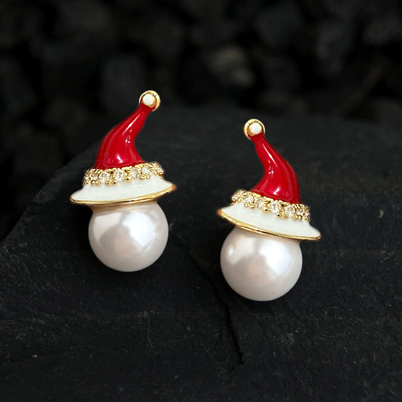 TEMU y exquisitos pendientes de botón con sombrero de Navidad , con incrustaciones de circonita, concha y perla esmaltada, para mujeres, ideales para
