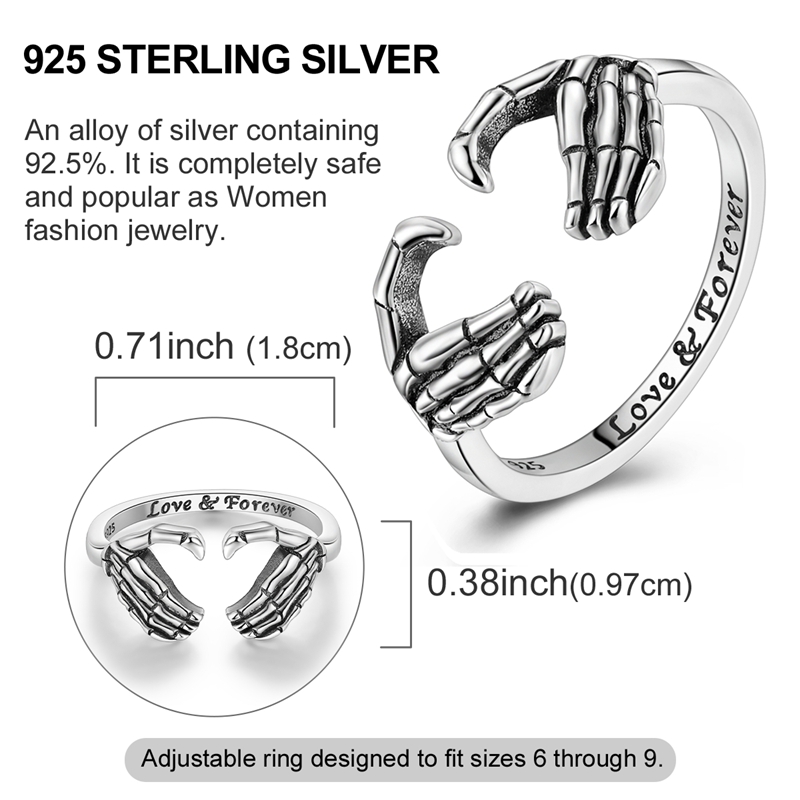 Women's 925 Sterling Silver Skeleton Hand Heart Sign Open Ring
