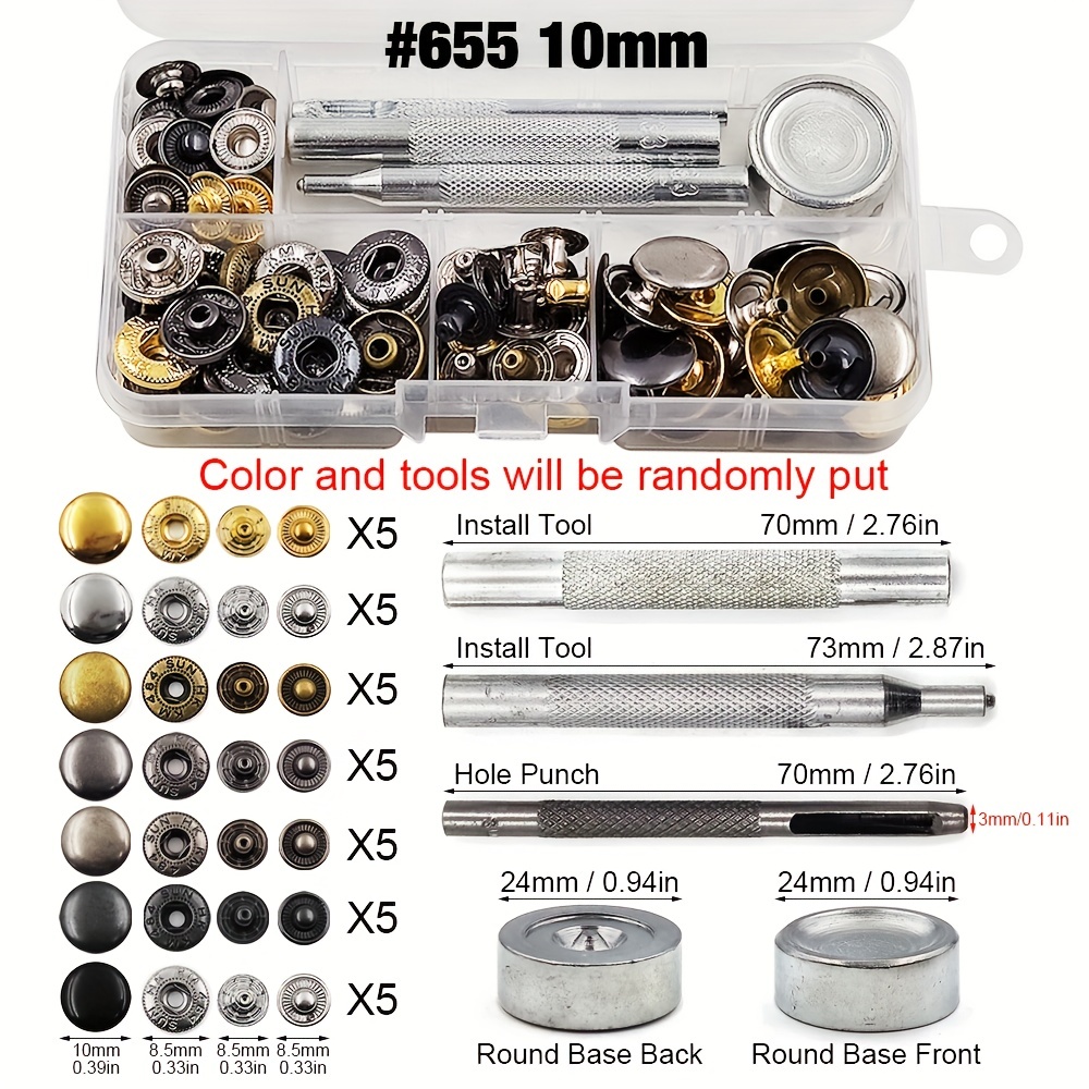 E-shop 35 Sets 10/12,5/15 mm Metall-Druckknöpfe Druckknopf-Sets in 7 Farben mit 4 Montagewerkzeugen für Handmade DIY Kleidungszubehör Lederhandwerk