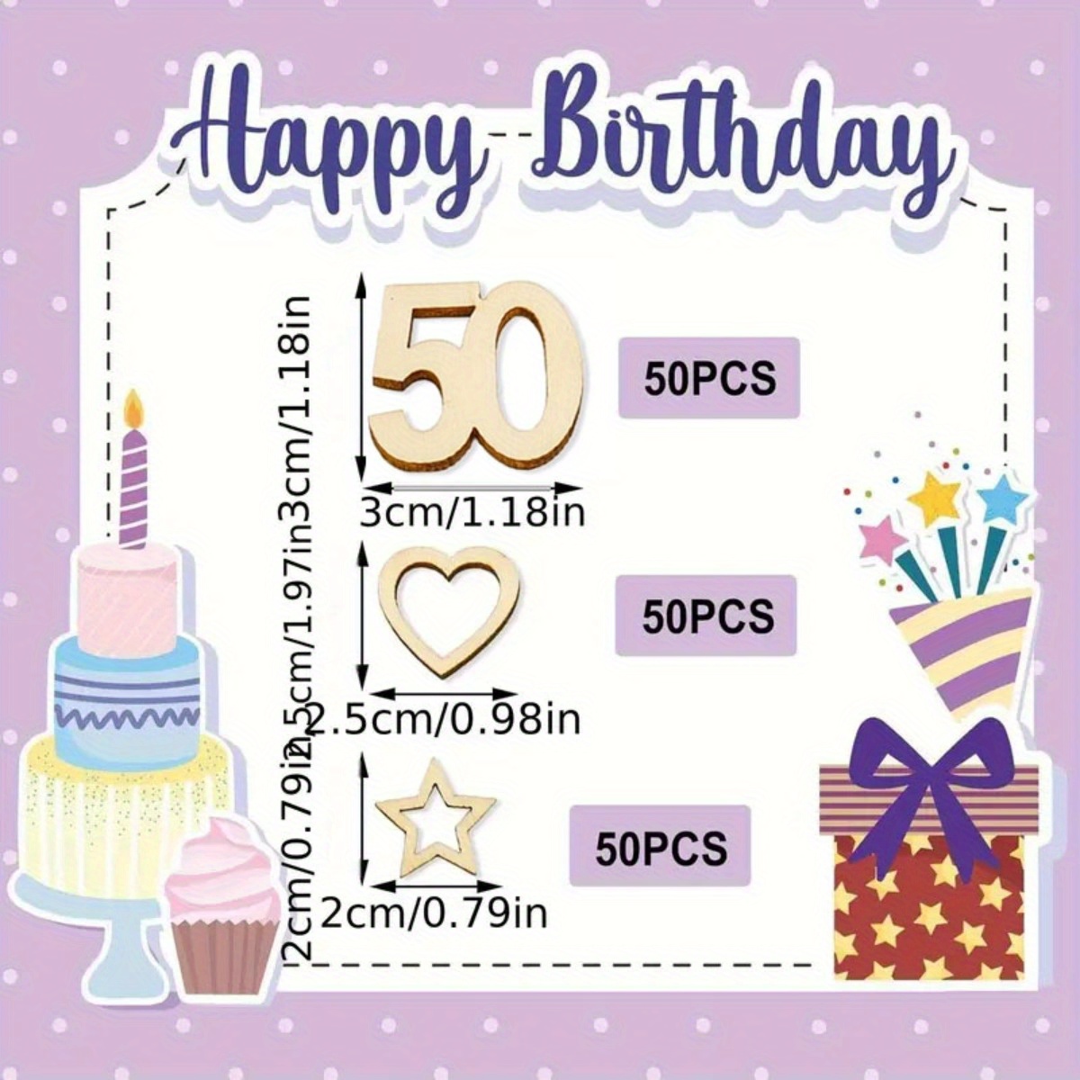 Set Of 150 Wooden Confetti For 50th Birthday Celebration, Heart And Star Confetti For Decorating Tables For Men And Women