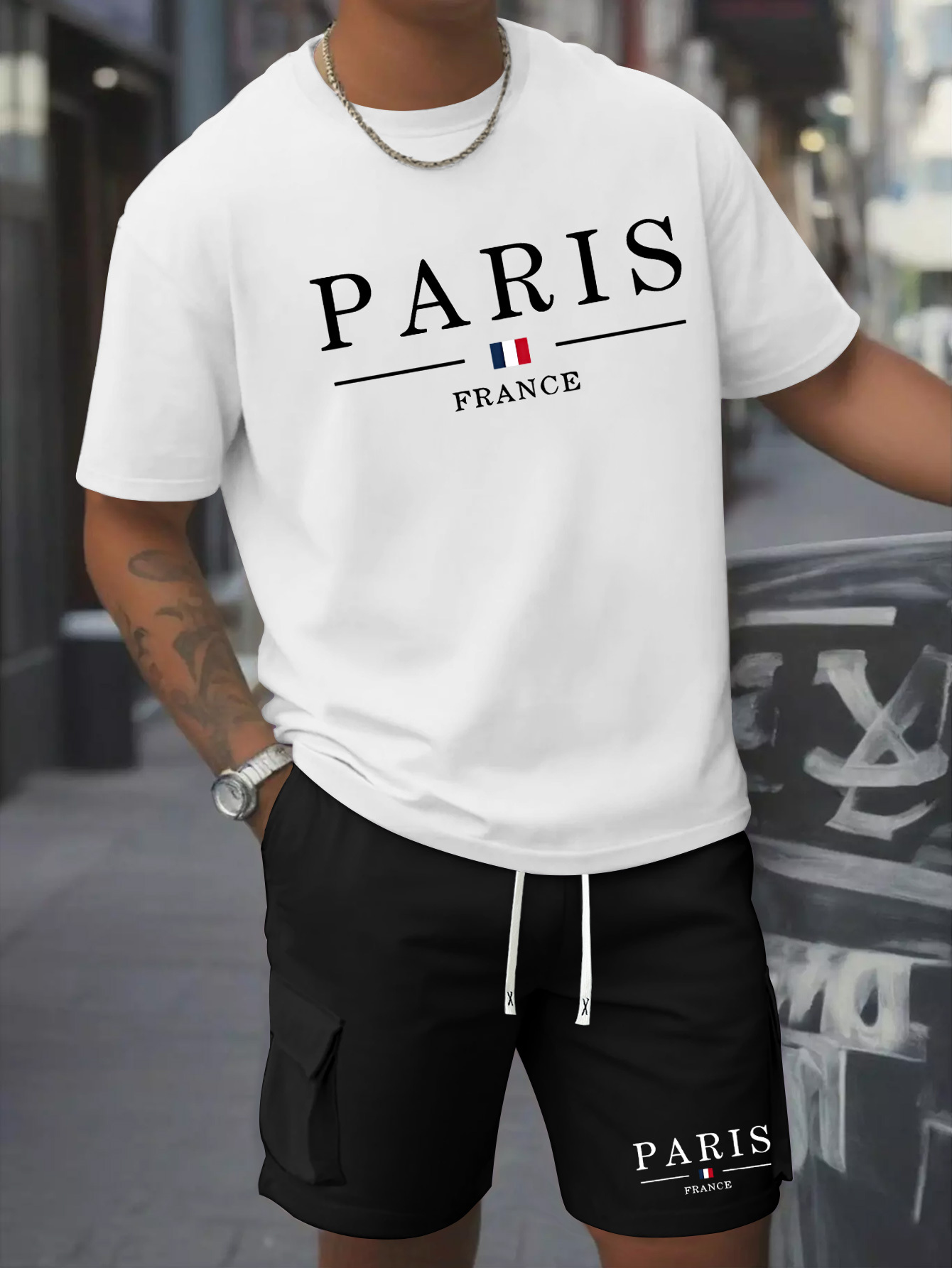 Printed Men's 2pcs Set Round Neck Cotton Short Sleeve T-Shirt and Work Shorts Suit for Spring/Summer