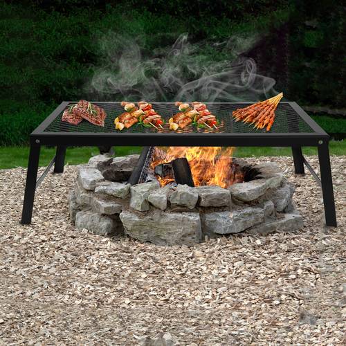 metal folding camping grill portable fire cooking grate with legs foldable steel mesh bbq pit supports frying pan for picnic campfire outdoor cooking