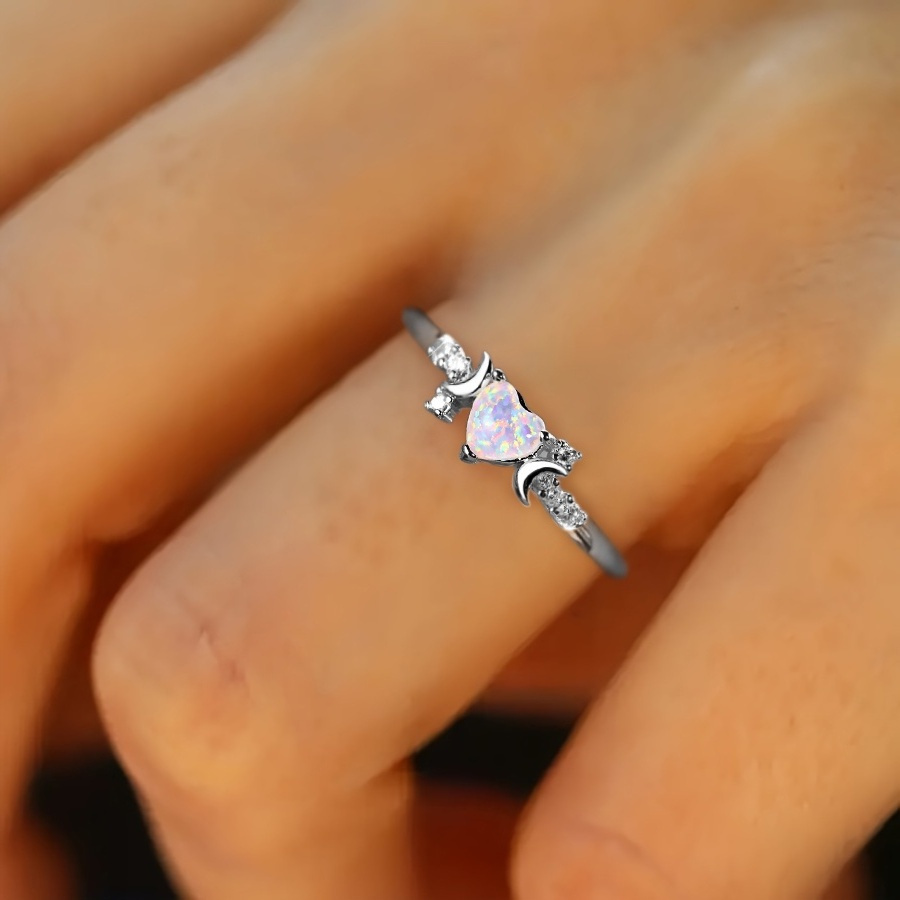 Image of Elegant Heart-shaped Synthetic Opal Ring, 1 Shiny Engagement And Wedding Ring, Luxurious Copper Ring, Women's Fashion Jewelry, Versatile Wedding/party Accessory, Valentine's Day Gift For Women