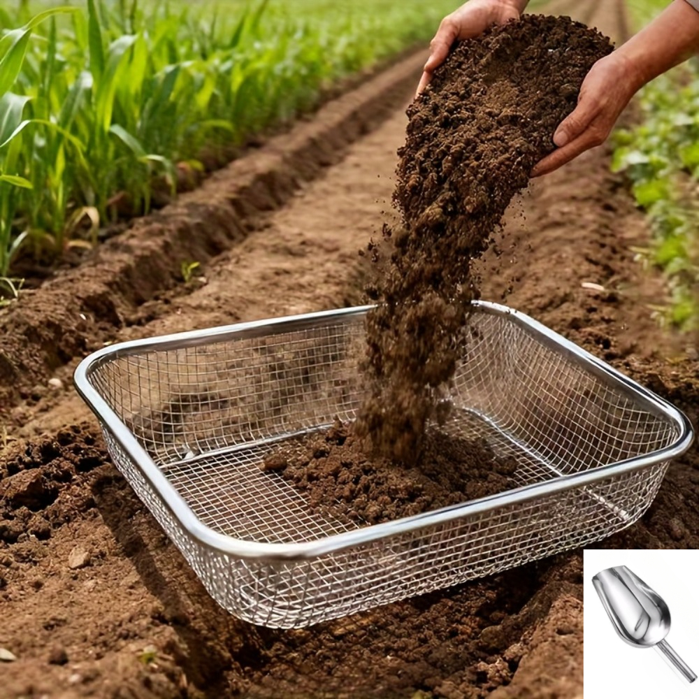 TEMU Ensemble de 2 pièces [Filtre à tamis et pelle] Tamis de jardin en acier inoxydable, taille d'outil standard, robuste et durable, tamis de filtre