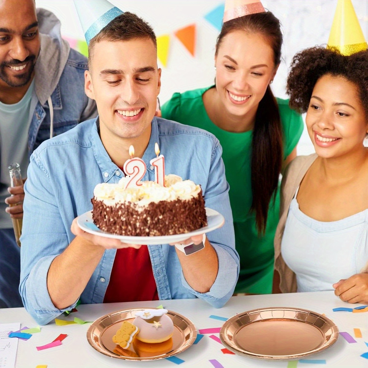 50 piezas platos desechables dorados rosa decoración fiestas