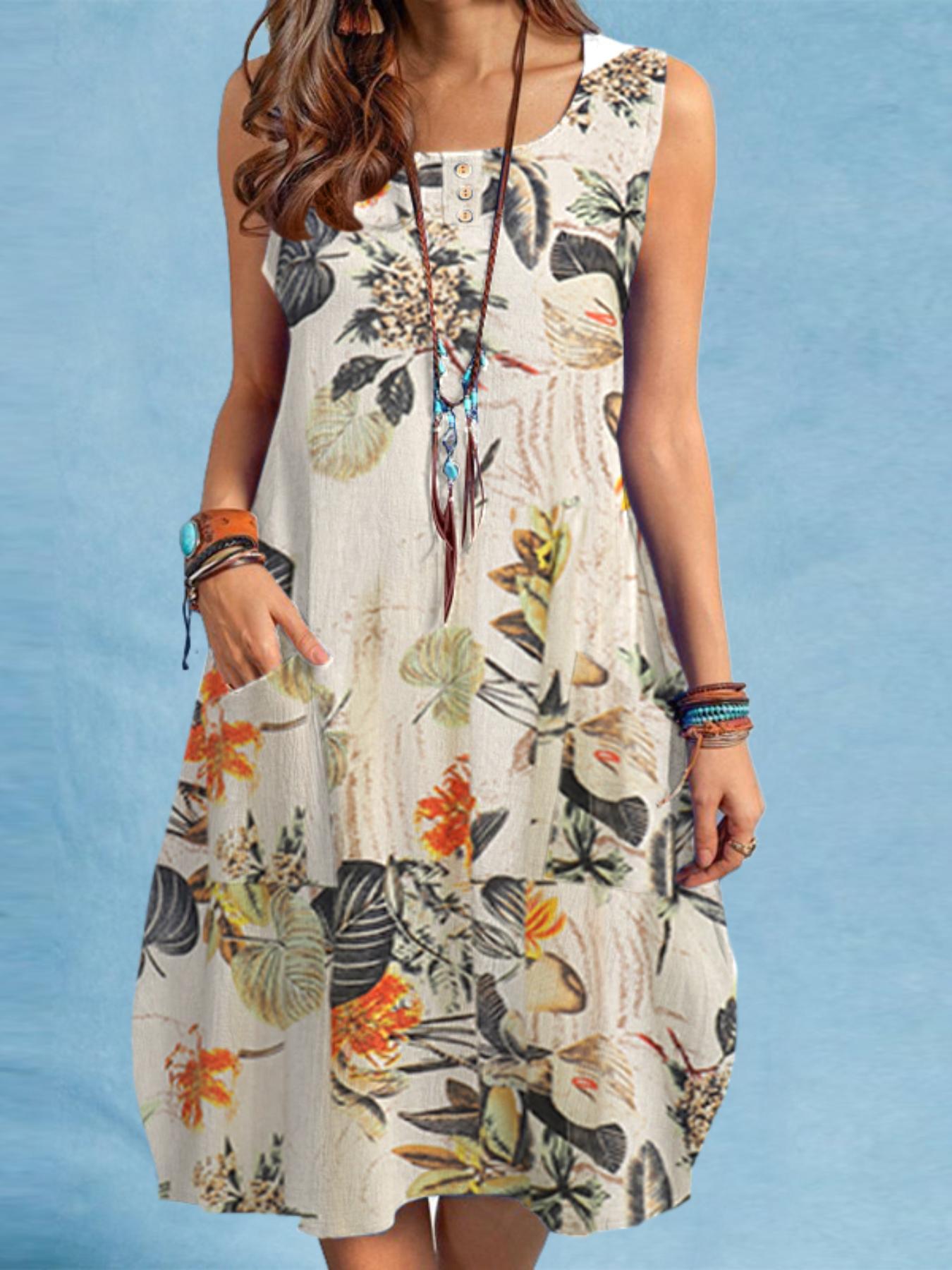 robe kaftan   manches à imprimé floral vintage pour femmes   taille   - coupe   longueur midi avec poches, col rond décontractée pour vacances dété, vêtement de plage lavable en machine, robe florale confortable pour la plage, tenue détendue  , tissu non extensible