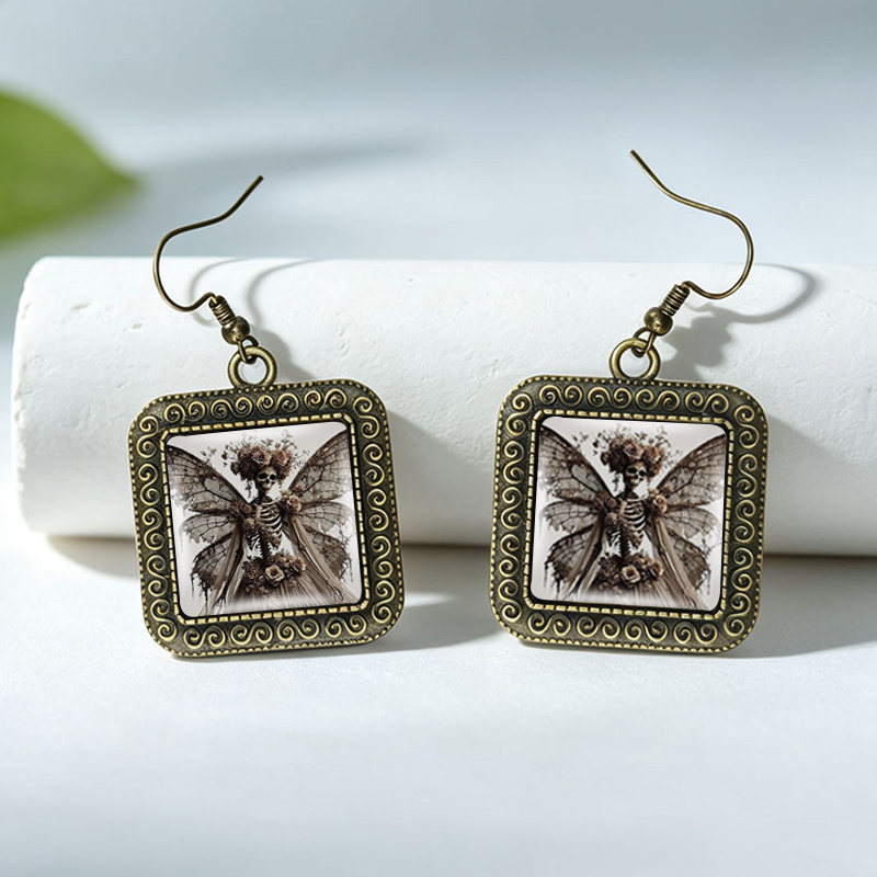 Gothic Vintage Glass Dome Butterfly Wing Dangle Earrings