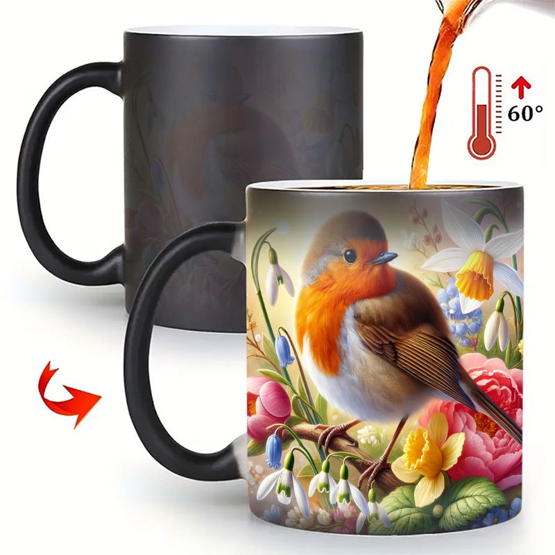 1pc Magic Heat-sensitive Color Changing Mug, Robin & Spring Flowers Ceramic Coffee Cup, Hot Water Activated Tea Mug, Novelty Gift For Bird Lovers, Drinkware