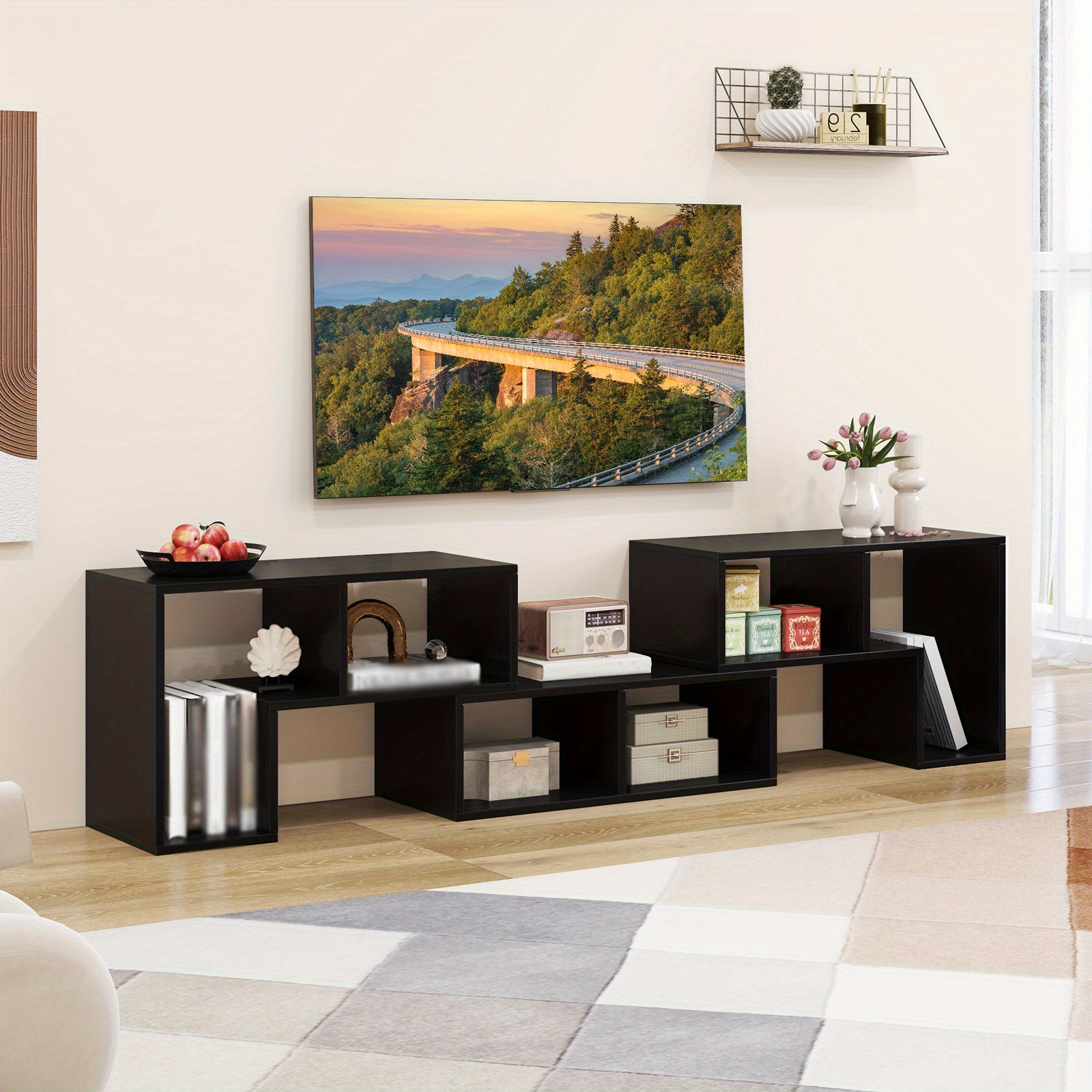 TEMU COSTWAY Ensemble de 3 meubles TV pour console, adapté aux téléviseurs de 65 pouces ou moins, comprenant un meuble de contemporain avec de