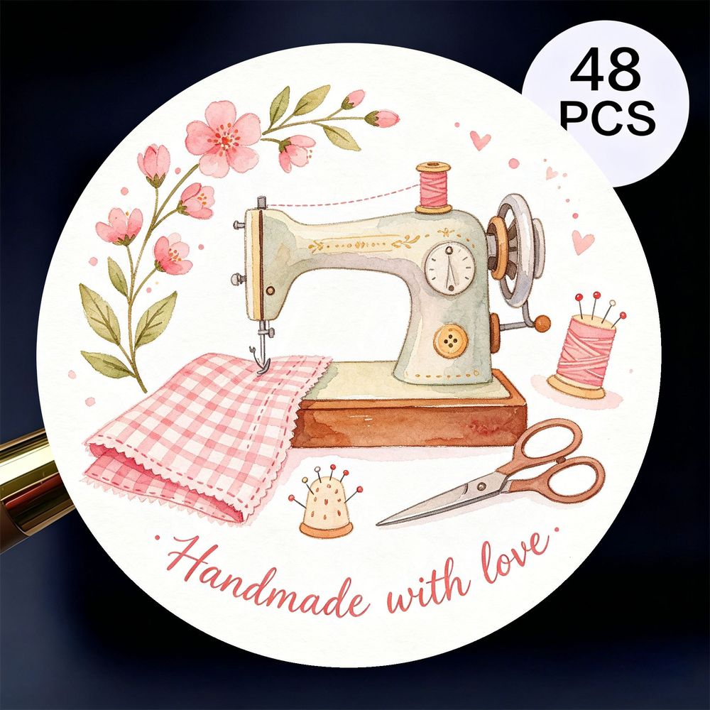 TEMU 48pcs Round Stickers, Watercolor Vintage Sewing Machine And Floral Self-adhesive Labels, Waterproof Stickers For Sewing Projects, Craft Gifts,
