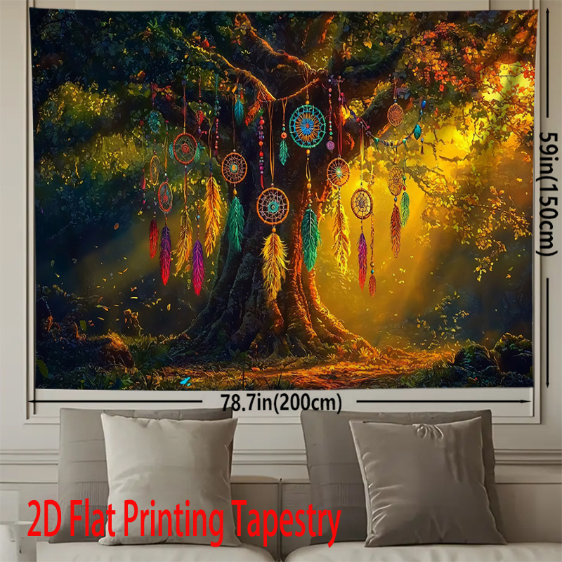Boho Dreamcatcher Tree Tapestry Fantasy Forest Wall Hanging Decor_voghion.com