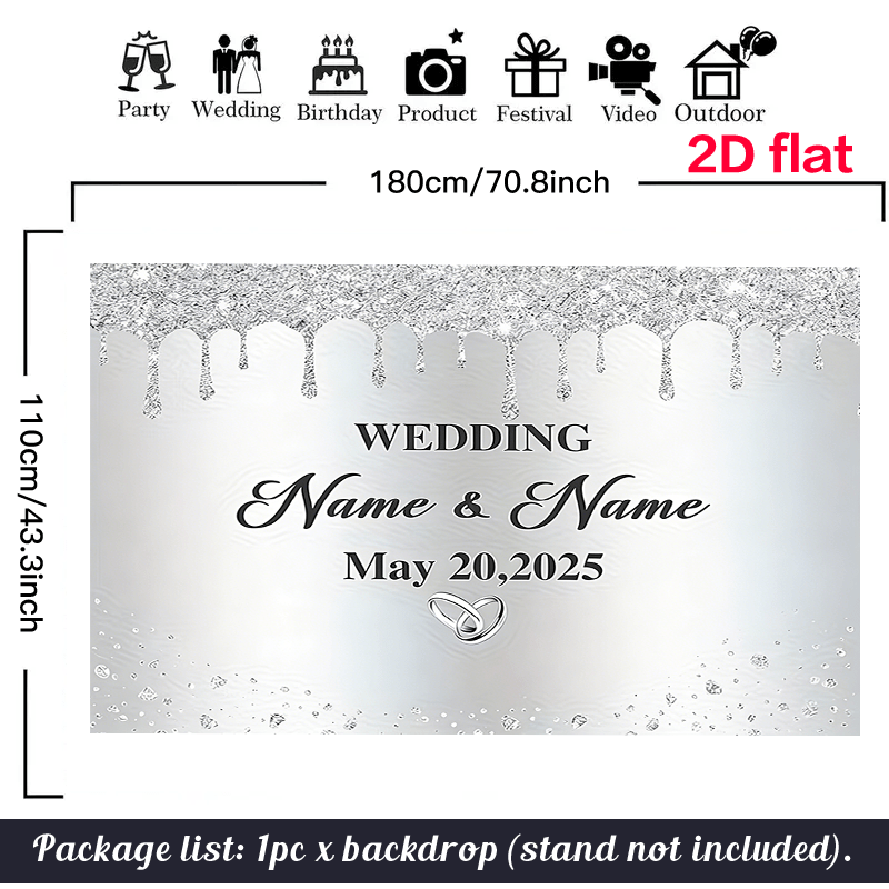 TEMU 2d Flat, 2d Flat - 2d Flat, 2d Flat - 2d Flat Banner, 1pc Name Text Personalized Customization, Silver Theme Wedding Backdrop Decor, Polyester
