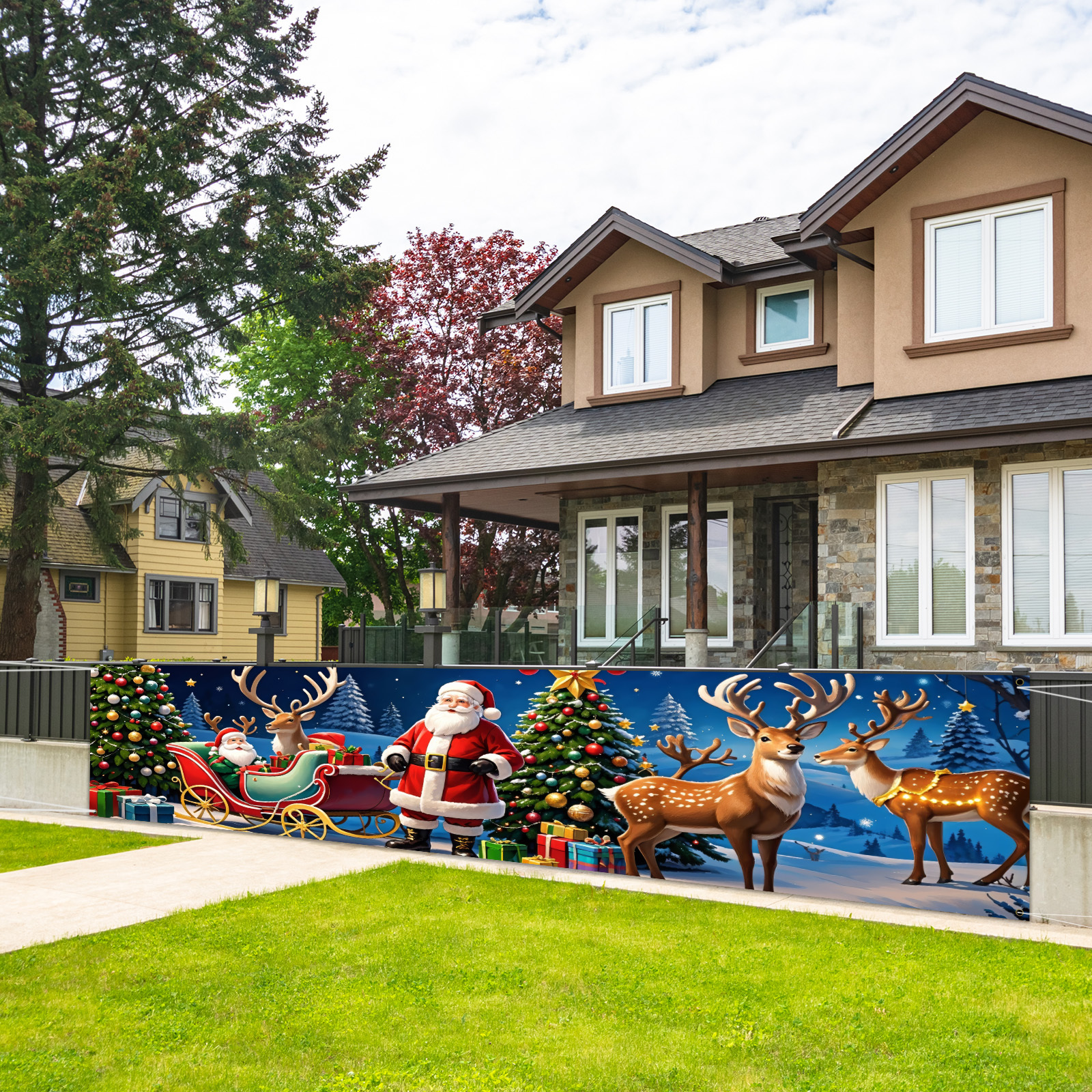 TEMU Santa Claus And Reindeer Sleigh Banner - Suitable For Christmas And New Year Decoration, Ideal For Entrance, Interior, Garden, Fence, Fireplace,