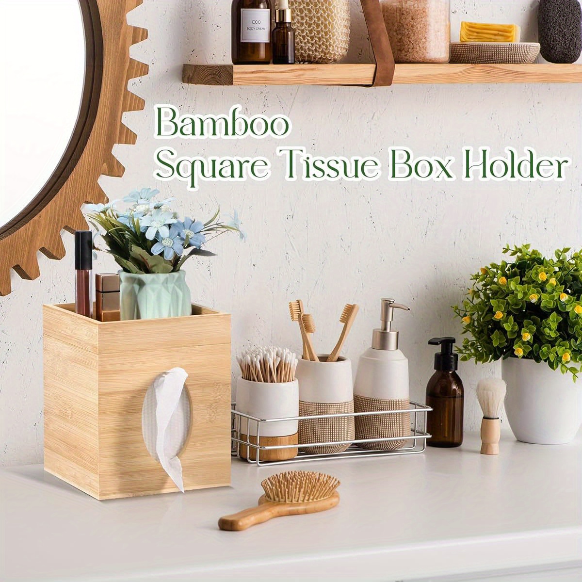 bamboo tissue box cover with storage tray square 6 x6 x7 4 durable plastic holder for bathroom bedroom office tabletop high quality easy   bathroom organizer   smooth texture Product details 0
