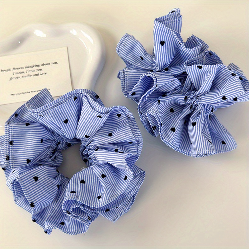 

Chic Blue Striped Heart Scrunchie - Soft Fabric, Pleated Hair Tie For Women & Girls - Ponytails & Updos