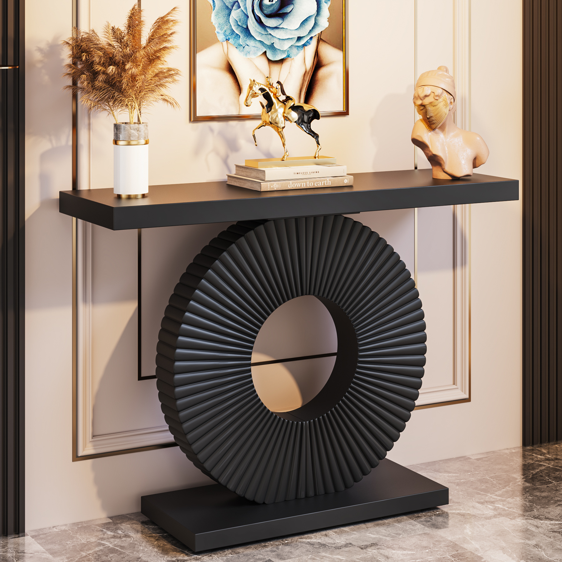 40-Inch Wooden Entry Table, Slim And Elongated, Modern Console with a Geometric Base, Contemporary Accent Piece for The Living Room, Hallway, Or Entryway, in Black