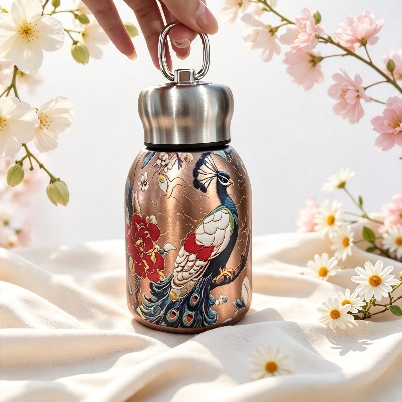 TEMU New Chinese-style Koi, Peacock, And Print Design With A Gilded Base For Look. Made From Steel With Double-layer Vacuum Technology To Temperature