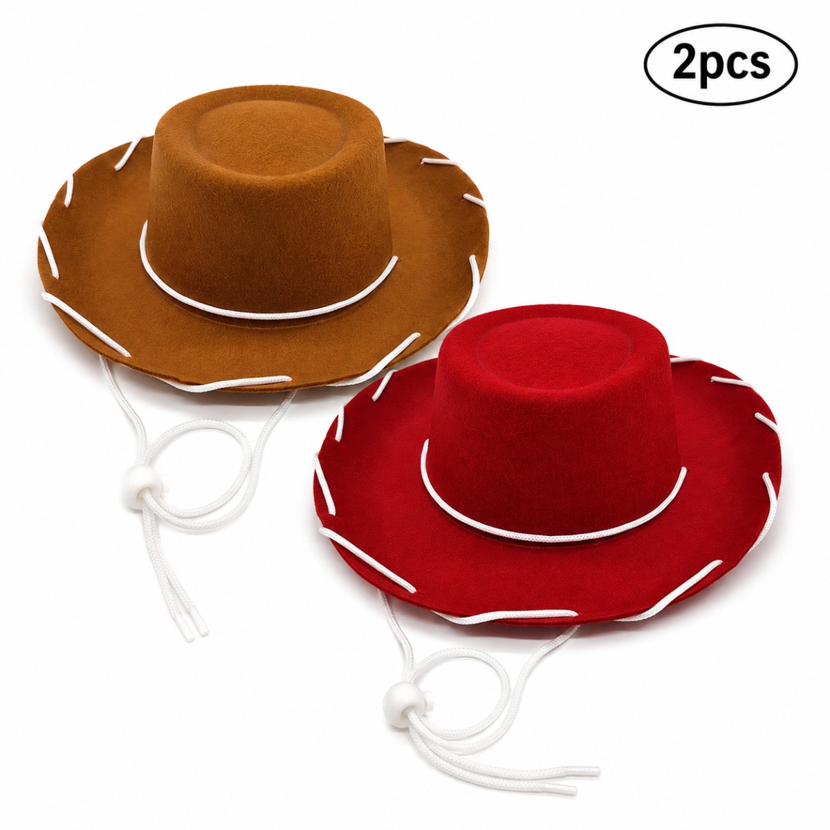 TEMU 2pcs Western Cowboy Costume Hats, Felt Wide-brim Cowgirl Hats With White Stitching & Adjustable Chin Strap, Retro Western-style Headwear For