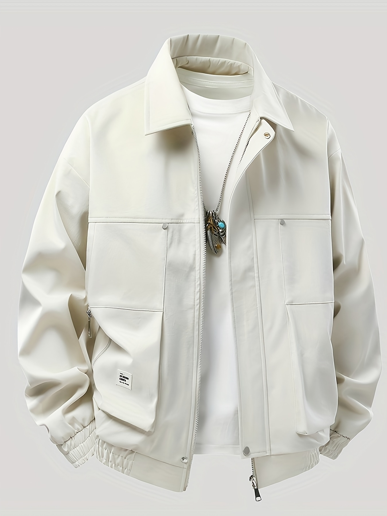 mens stylish cream colored workwear style jacket with a zip   and multiple pockets essential for spring and autumn outdoor activities zipper closure jacket elegant fabric texture