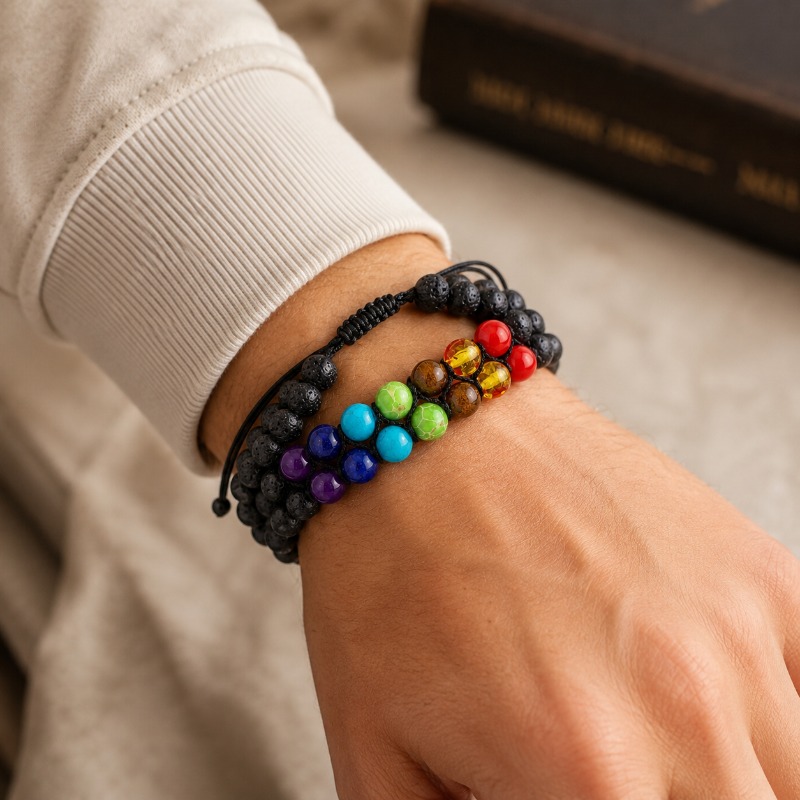 Rainbow Chakra Yoga Natural Stone Bead Bracelet, Adjustable