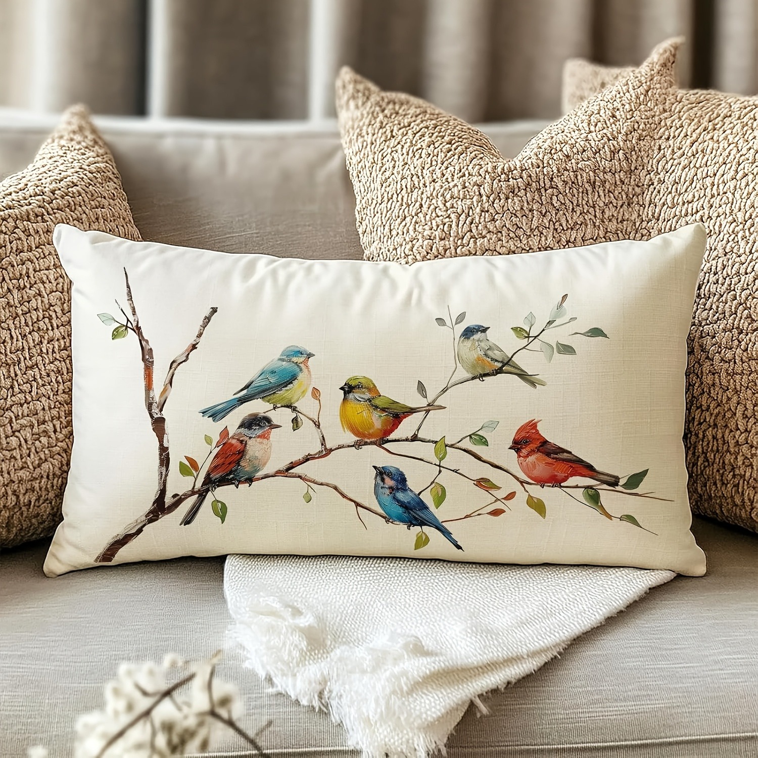 TEMU 1pc Bird Waist Decorative Pillowcase, Bluebird Goldfinch Branch Pattern, Suitable For Porch, Terrace, Outdoor, Farmhouse Style Sofa Cushion