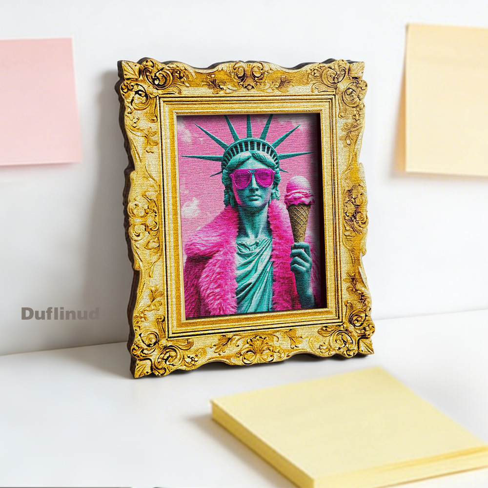 TEMU 1pc Wooden Fun Statue Of Fridge Magnet, Pink Faux Fur Coat With Ice Cream, Cute Miniature Decorative Painting, Wooden Fridge Sticker, Brightness