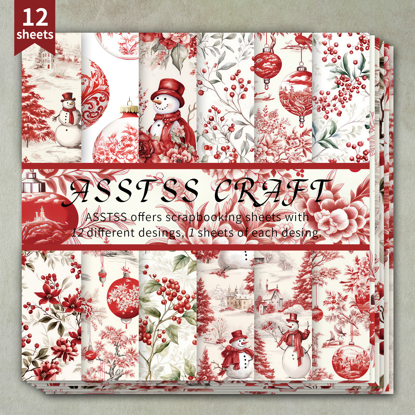 TEMU Bloc de Papier Scrapbooking 12 Feuilles ASSTSS, Fournitures de Papier de Fond Vintage Noël, Carton Épais pour Journaling, Art Collage, Cartes de