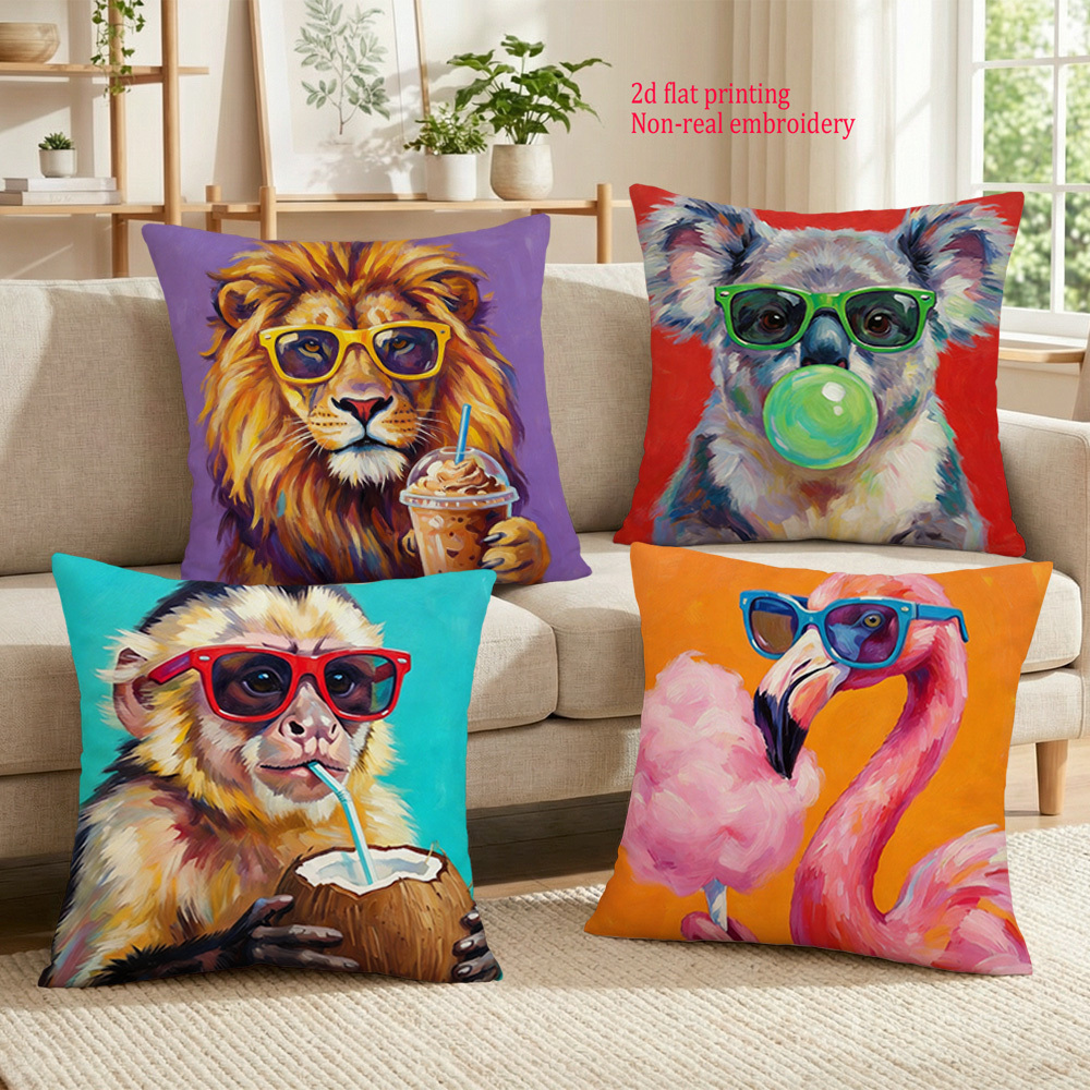 item picture 2d 4pcs cool animal print pillowcases   in multiple sizes made of   velvet with single sided printing pillow inserts not included featuring colorful backgrounds with illustrations of a fashion glasses wearing lion