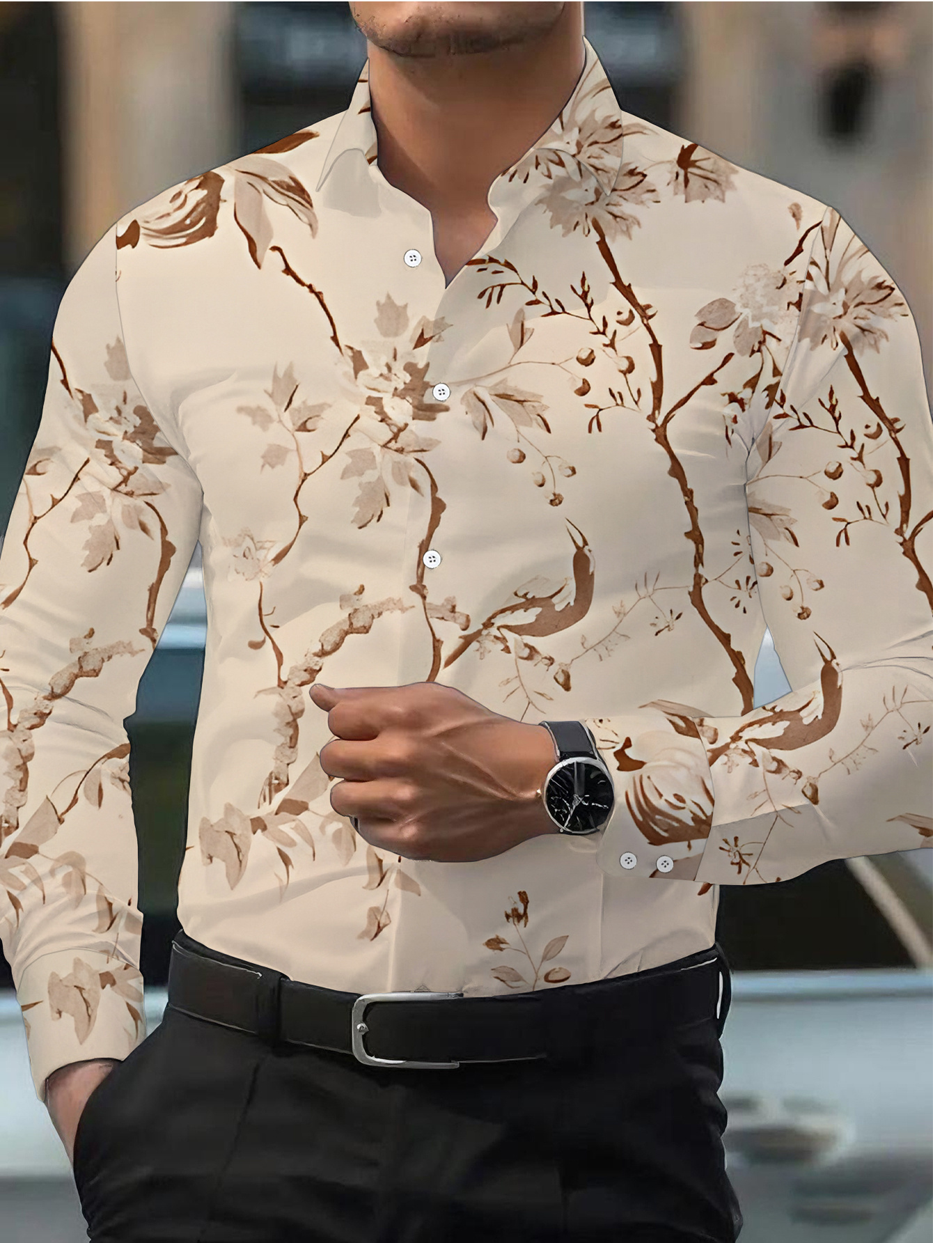 knee length dresses for ladies Men’s Single Pocket Logo Modern Fit Stretch Dress Shirt - Beige main image 1