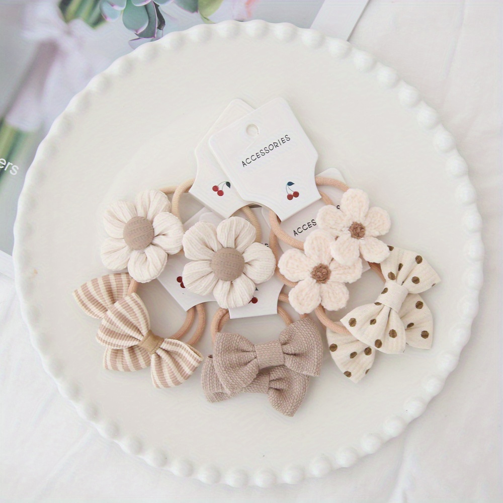 Image of 10pcs Of 's Sweet Colorful Flower Bow Hair Rope Suitable For Daily Wear Hair Additions