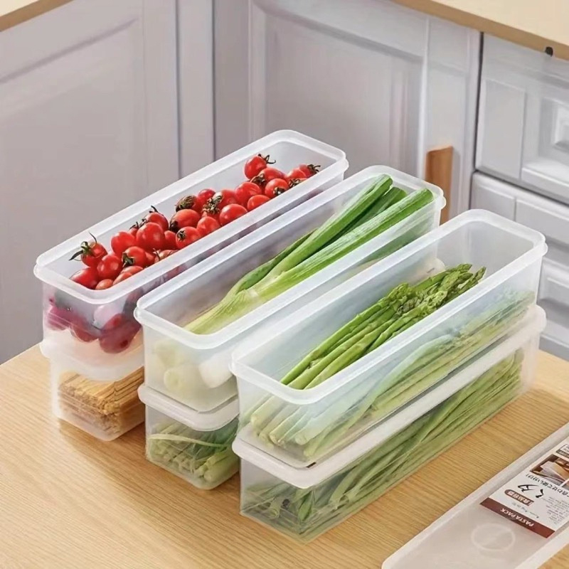 

A Set Of Polypropylene (pp) Food Storage Containers - Reusable Long Refrigerator Organizer Boxes For Vegetables, Pasta, And Eggs - Essential Kitchen Storage Boxes That Are Safe For Food Contact.