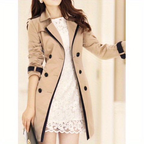Abrigo de lona elegante para mujer, doble botonadura, color beige y azul marino, estructurado, no elástico, formal y casual, cintura ceñida, para oficina, fiestas, uso diario, diseño sofisticado, tejido duradero, chaqueta elegante, para amantes de la moda, ropa de oficina, material de alta calidad, mujeres conscientes de la moda.