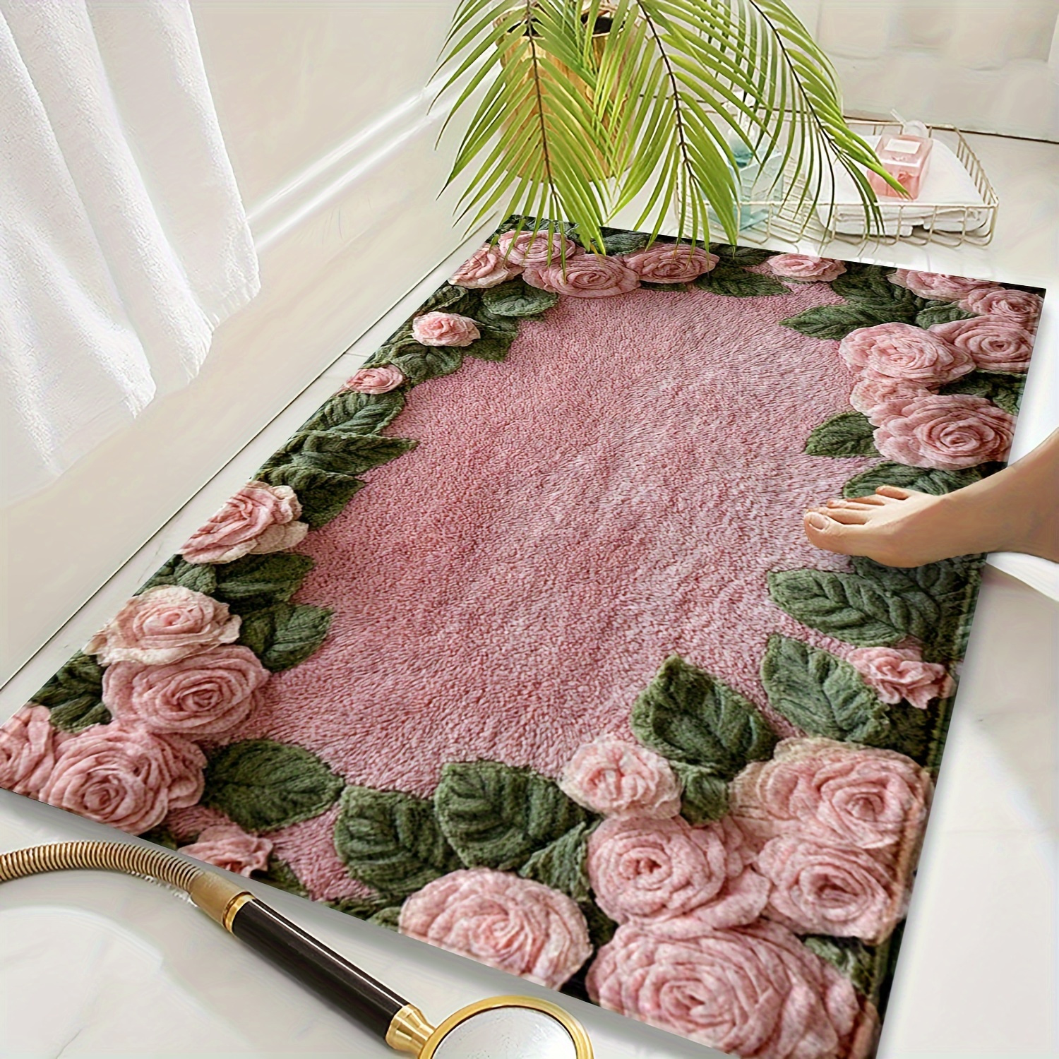 

Tapis de Bain Antidérapant Chic Rose - Lavable, Poils Courts avec Support TPR, pour Salle de Bain, Chambre, Cuisine & Entrée - Décoration d'Hiver pour