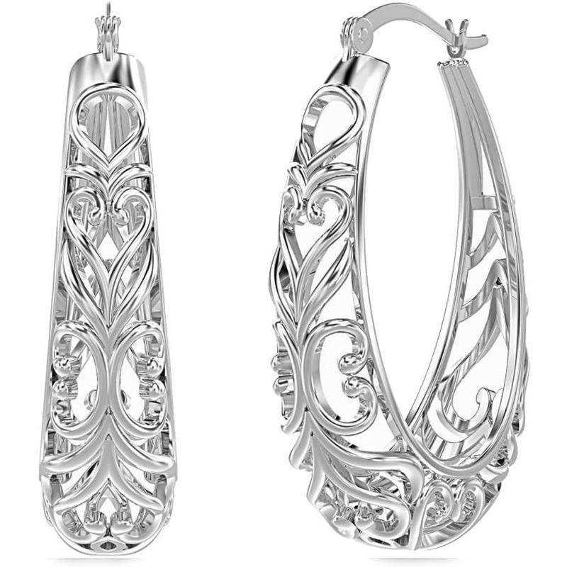 TEMU 925 Sterling Silver Hoop Earrings | Women's Hoop Earrings | Openwork Mesh Cut Earring | Lightweight & Hypoallergenic Vintage Hoop Earrings For