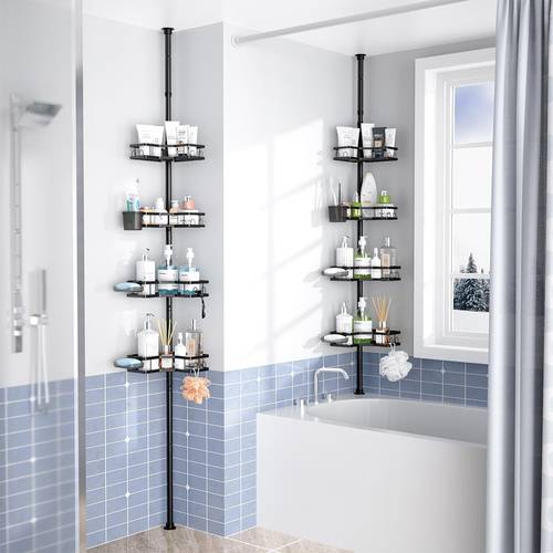 4 tier heavy duty stainless freestanding adjustable corner bathroom saving bathtub shower caddy with tension rod system no drilling required for shower organizer bathtub storage shampoo accessories for small
