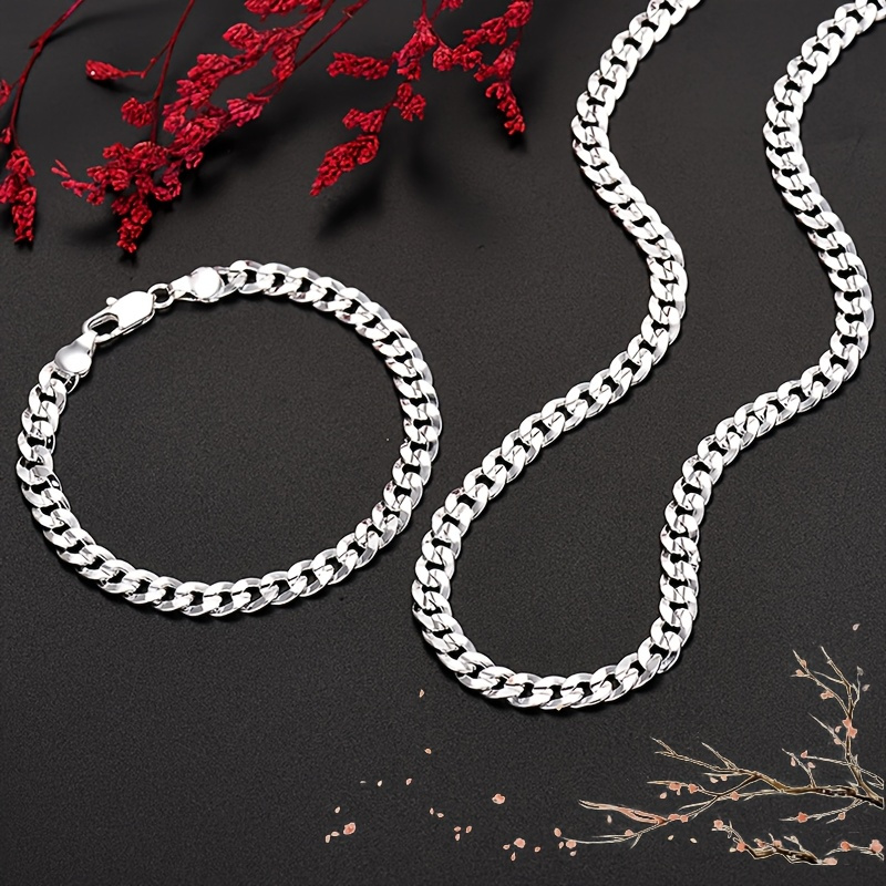 

2pcs 925 Sterling Silver Cuban Link Chain Bracelet And Necklace Set - Sleek, For , Ideal Gift, Valentine's Day Gift, Perfect Gift