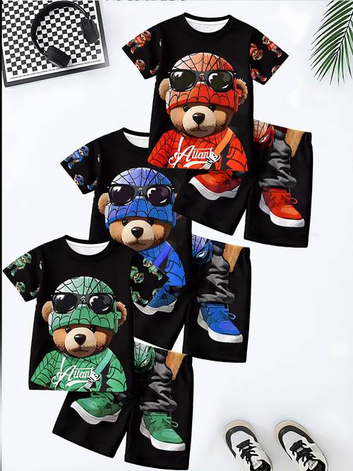 6pcs boys short sleeve shorts set casual and fashionable style fun patterns summer outdoor sports wear soft breathable and comfortable boys short sleeve round neck t shirt shorts set children to wear during outdoor