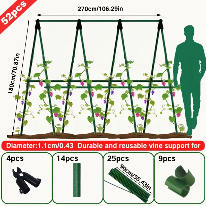 E-shop 52 Stück langlebige Garten-Pflanzenstützpfosten, 70,87 Zoll x 106,3 Zoll, 11 mm Durchmesser, PE-beschichteter Metallkern ist langlebig, mit