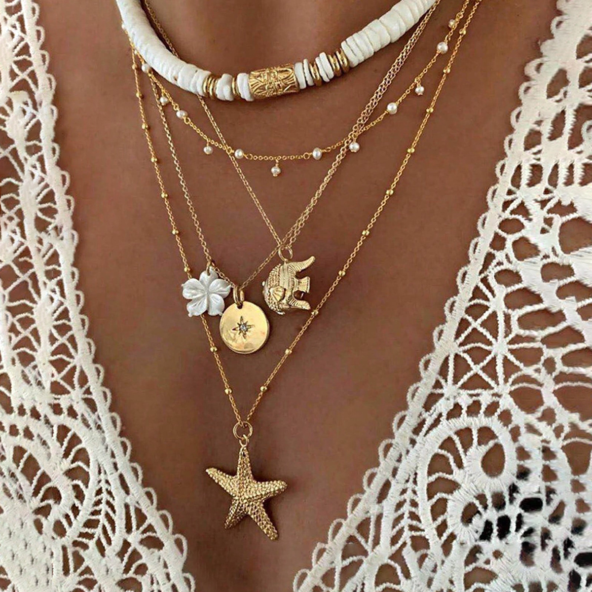 Image of 1pc Women's Bohemian Vintage Stackable Necklace, White Flowers Elephant Starfish Round Pendant, Daily Vacation Party Wear, Valentine's Day Gift Birthday Present