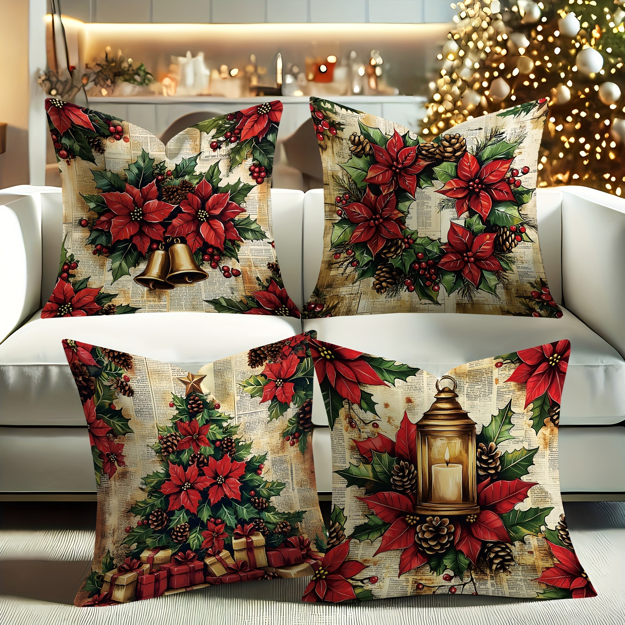 

4pcs, Christmas Wreath Bell Decorative Wind , Soft And Skin-friendly Cushion Cover, 100% Polyester Material Suitable For Room Sofa And Room Types, 18x18 Inches, Zipper Opening, No Pillow Included