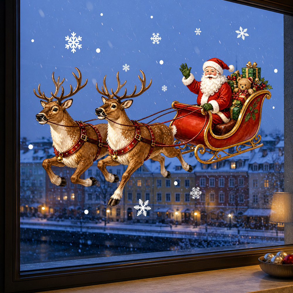 TEMU 2pcs Set: Santa Claus And Reindeer Sleigh Glass Stickers, Double-sided - Includes 1 Santa Claus Swinging On A , Reindeer Sleigh, And Santa