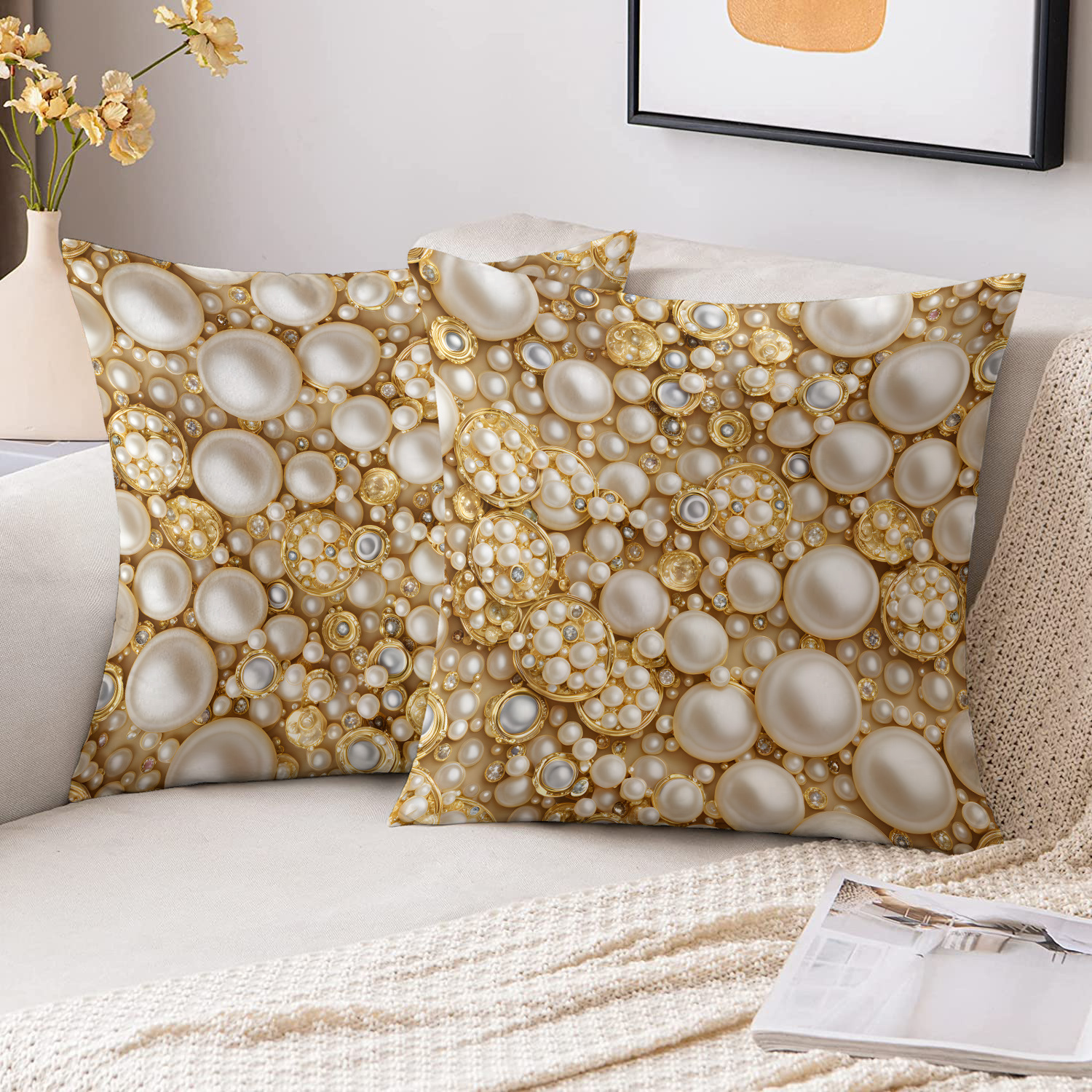 

2pcs Short Plush Fabric Hot-selling Pearl Diamond Pillowcase Double-sided Print 18in*18in Bedroom Living Room Room Home Decoration Cushion Without Pillow