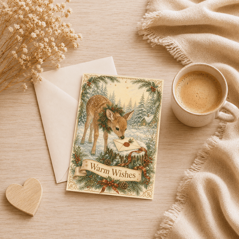 TEMU Vintage Christmas Card For Family & — Features A Scene With A Fawn, Pine Wreath, And "" Banner. Holiday Gifting. 1pc + 1 Envelope