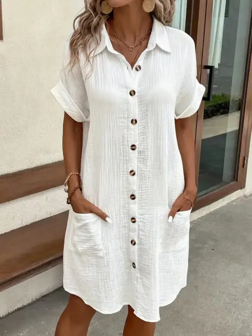 high quality casual shirt dress with button details short sleeves and collar machine washable everyday relaxed fit dress
