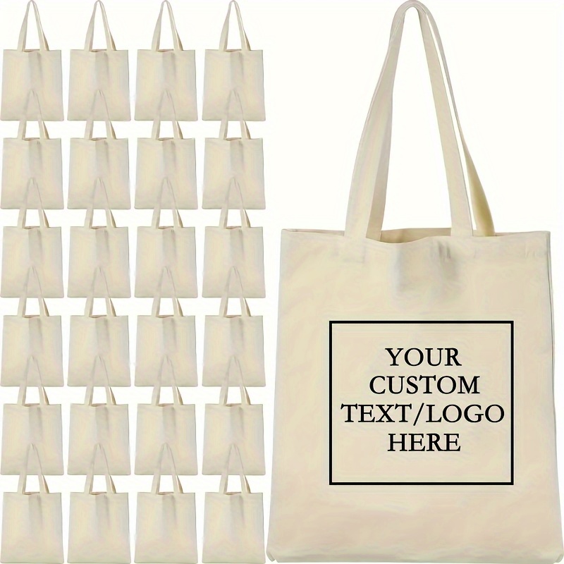 E-shop 1/5/30/50 Personalisierbare Tragetasche – Wiederverwendbare, langlebige Einkaufstasche mit personalisiertem Text/Logo, offenes Design, beige,